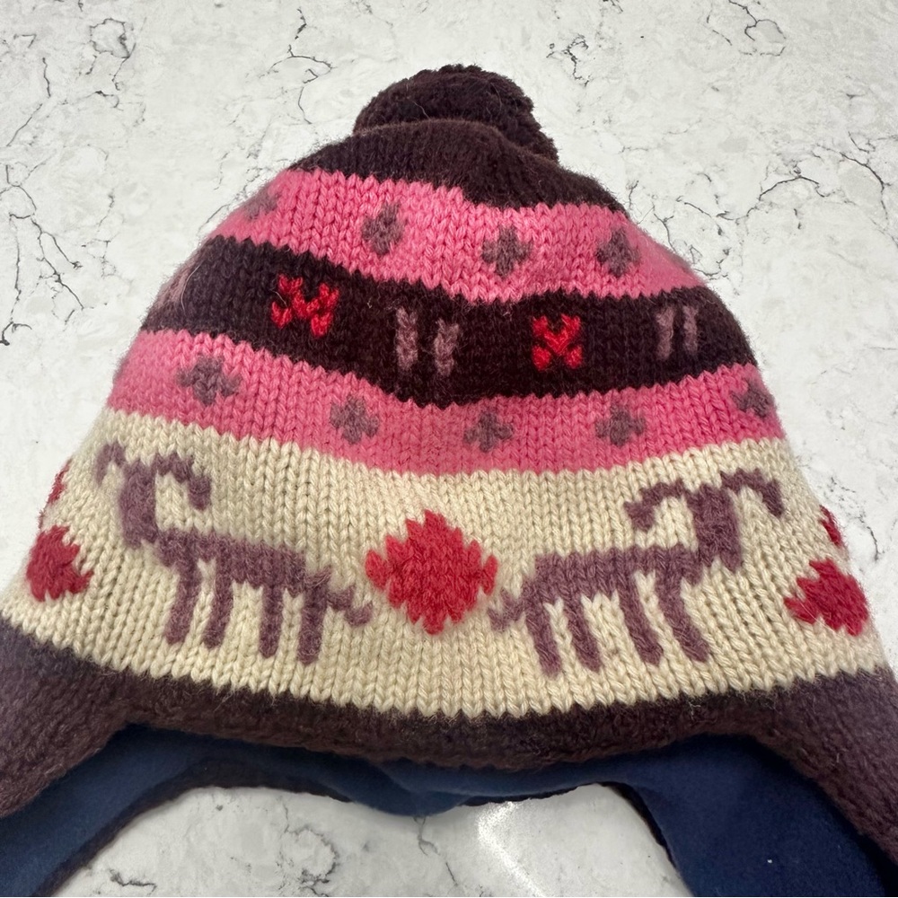 Patagonia Kids Knit Pom-Pom Hat in Pink, Brown, Cream & Red